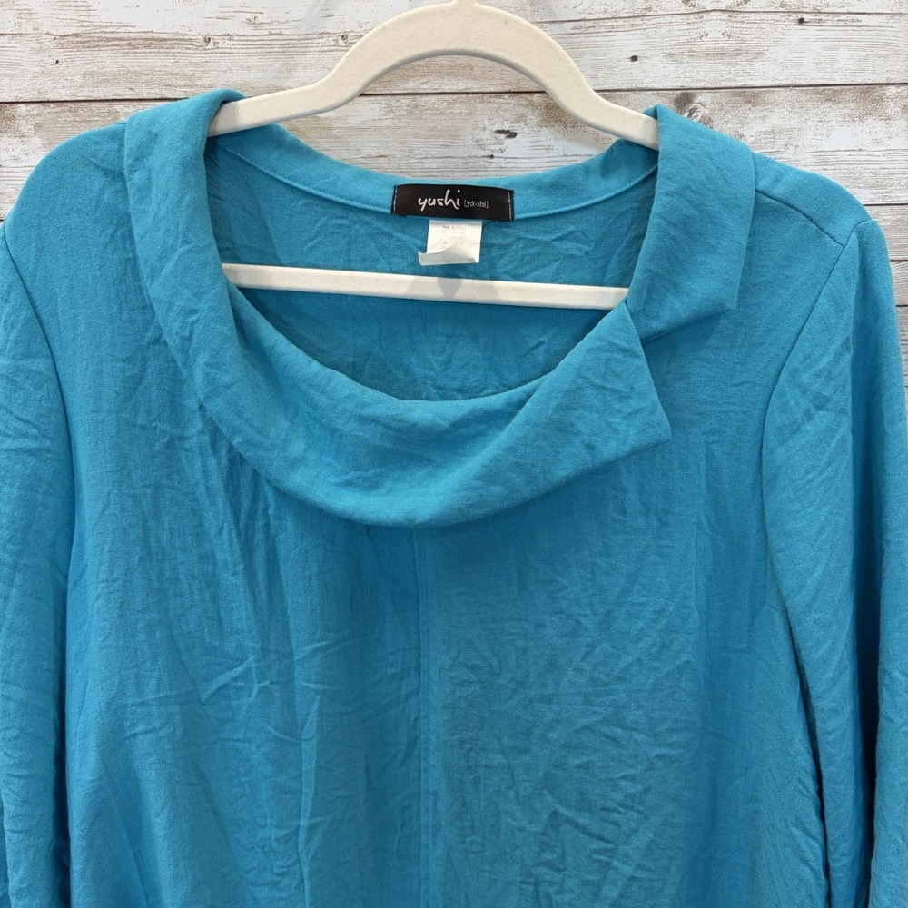 Vtg 90s Yushi Womens L Tunic Top Turquoise Cowl Neck  3/4 Sleeve Lagenlook Boho - Picture 2 of 7